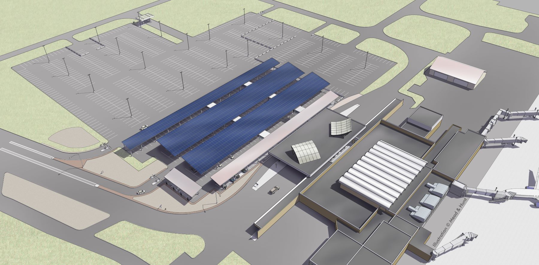 Aerial rendering of proposed solar-covered parking at RST.