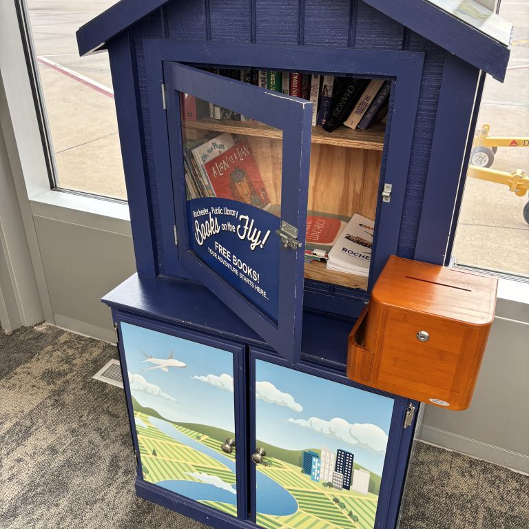 Rochester International Airport's (RST) little library filled with books and activities.